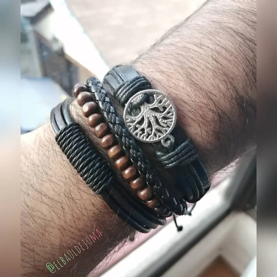 Set Pulseras Cuero Cuentas Madera Brazalete 4 En 1 Árbol Vida 3
