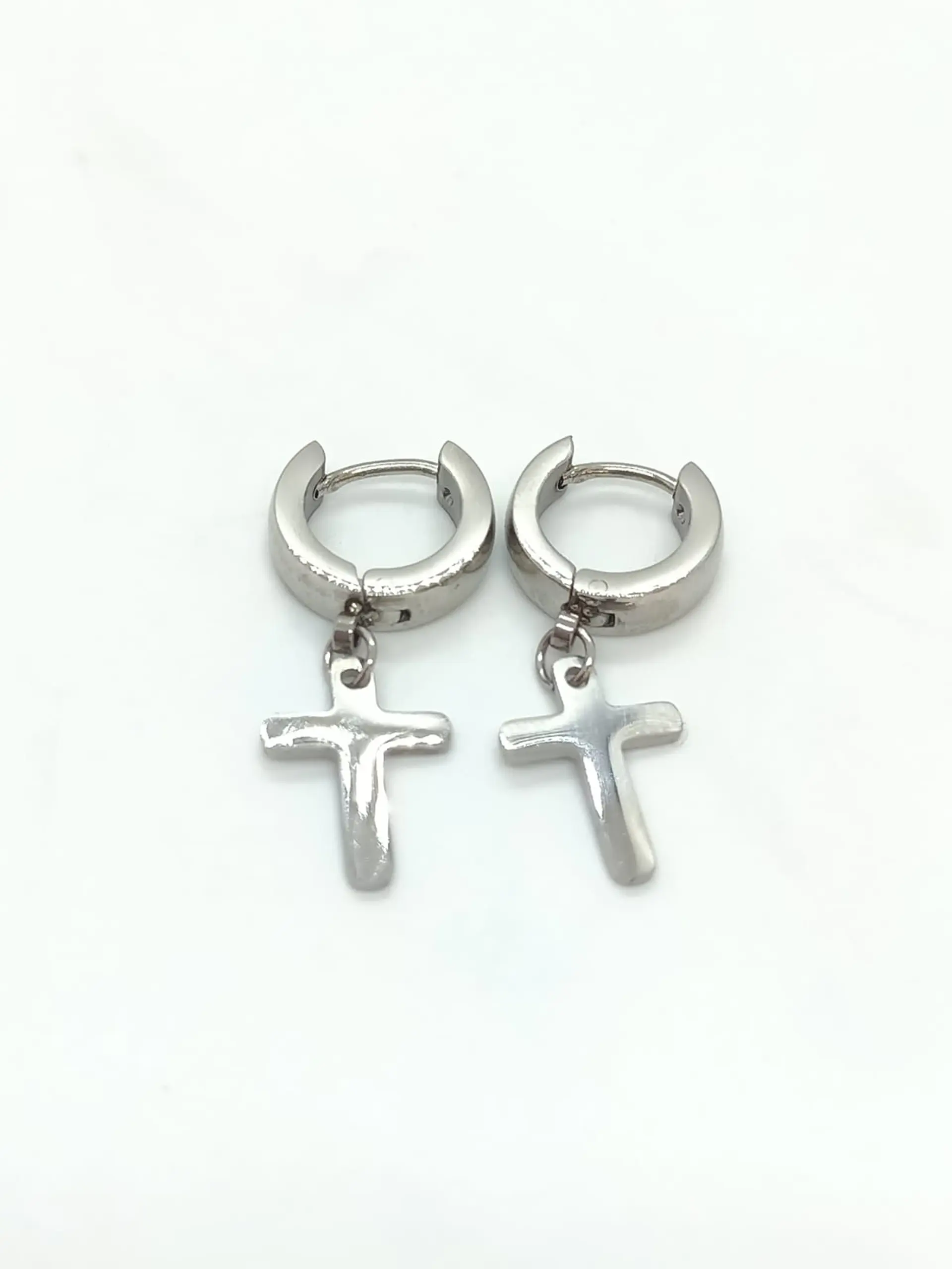 Aros Punk Largo Cruz Acero Negro Pendientes Hombre Mujer  5