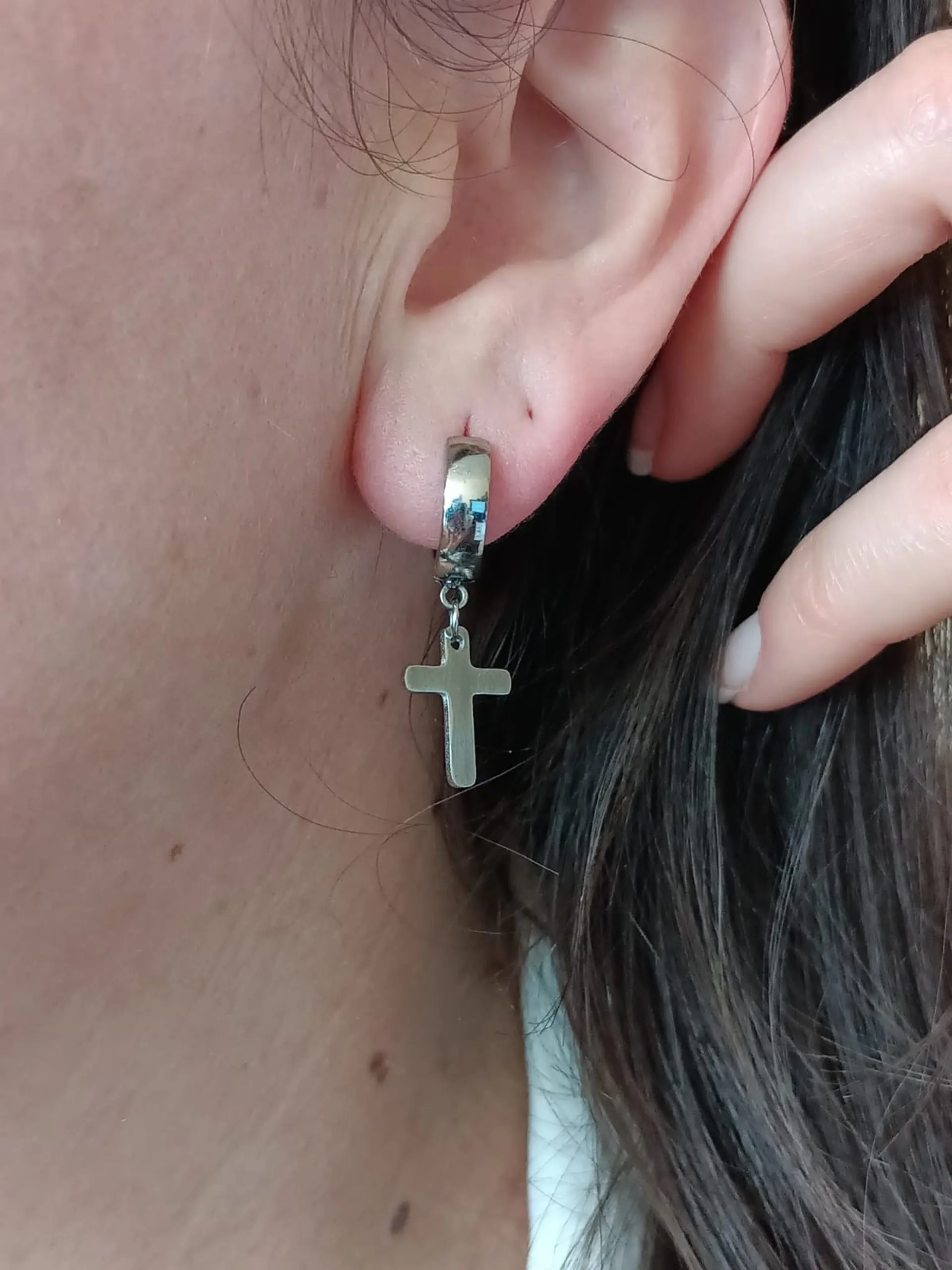 Aros Punk Largo Cruz Acero Negro Pendientes Hombre Mujer  6
