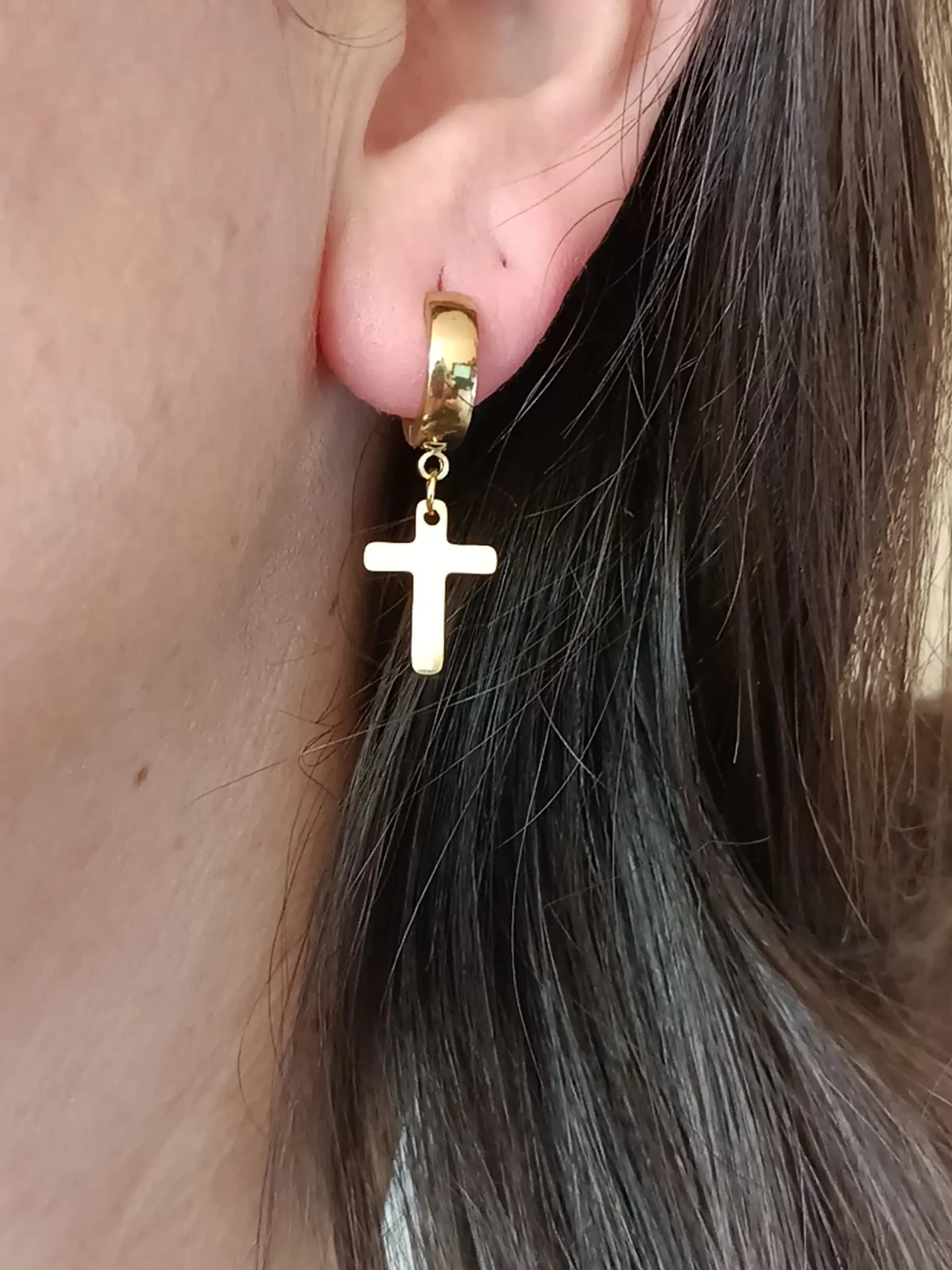 Aros Punk Largo Cruz Acero Negro Pendientes Hombre Mujer  11