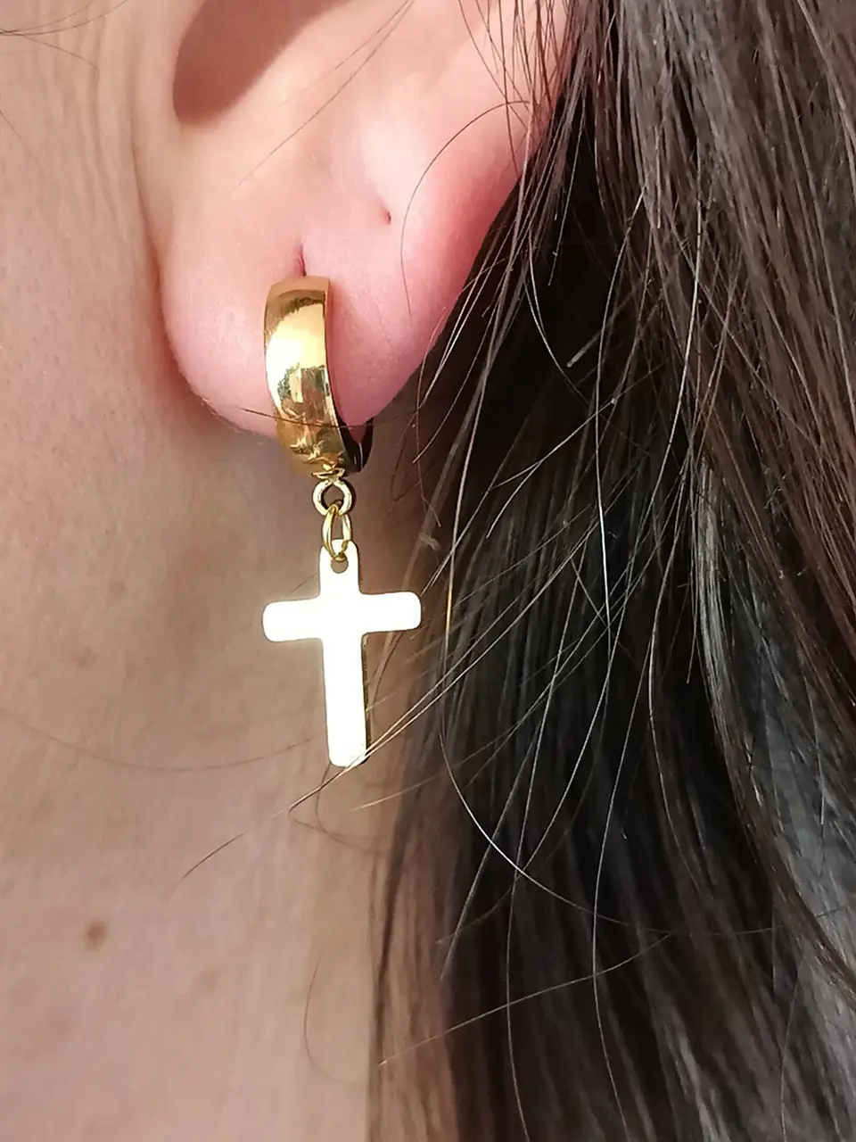 Aros Punk Largo Cruz Acero Negro Pendientes Hombre Mujer  12