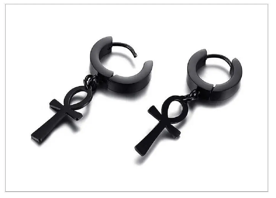 Aros Punk Black Ankh Cross Hombre Mujer Acero Cruz Negro 2