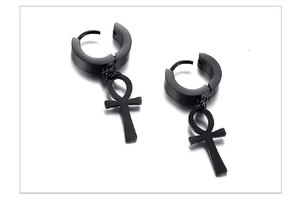 Aros Punk Black Ankh Cross Hombre Mujer Acero Cruz Negro 5