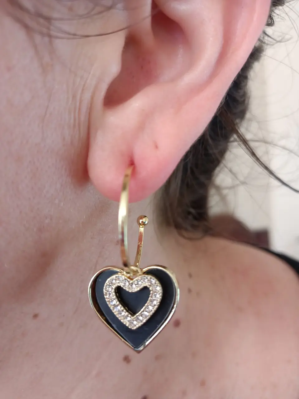 Aros Corazon Negro Zirconia Estilo Coreano  8