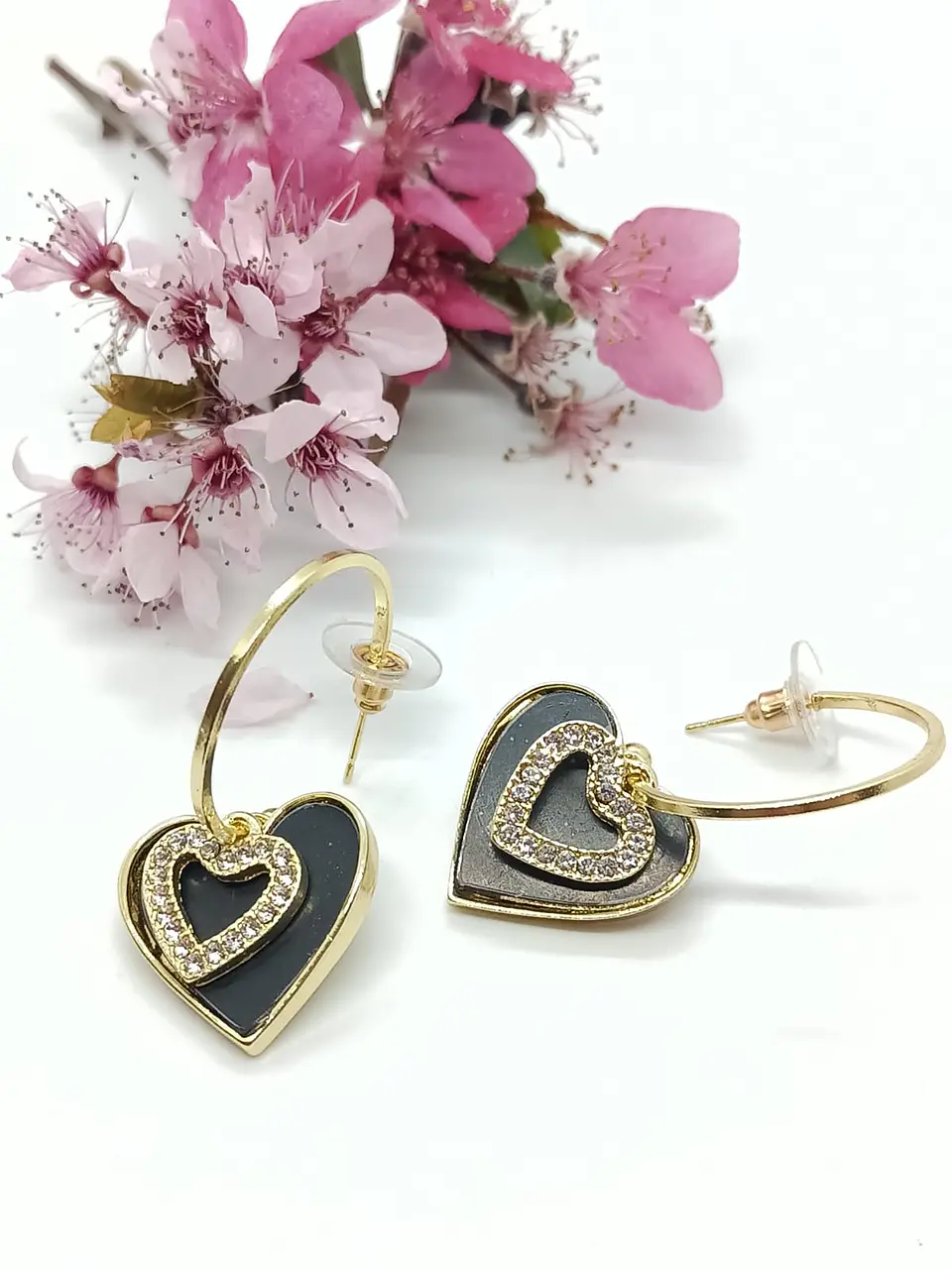 Aros Corazon Negro Zirconia Estilo Coreano  10
