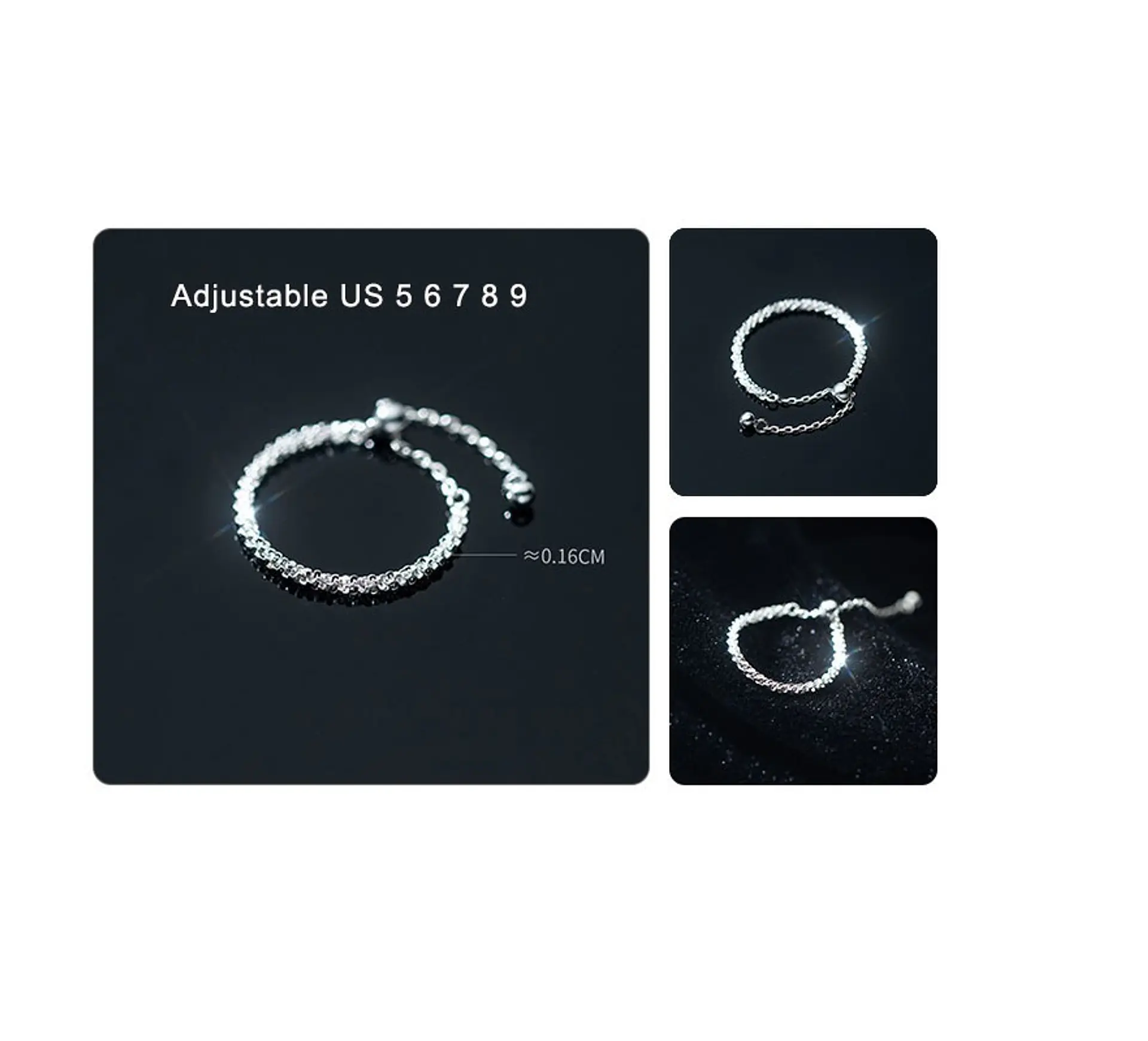 Anillo ajustable en plata fina ley S925 chapado en oro blanco 18kl tres modelos de cadena 9