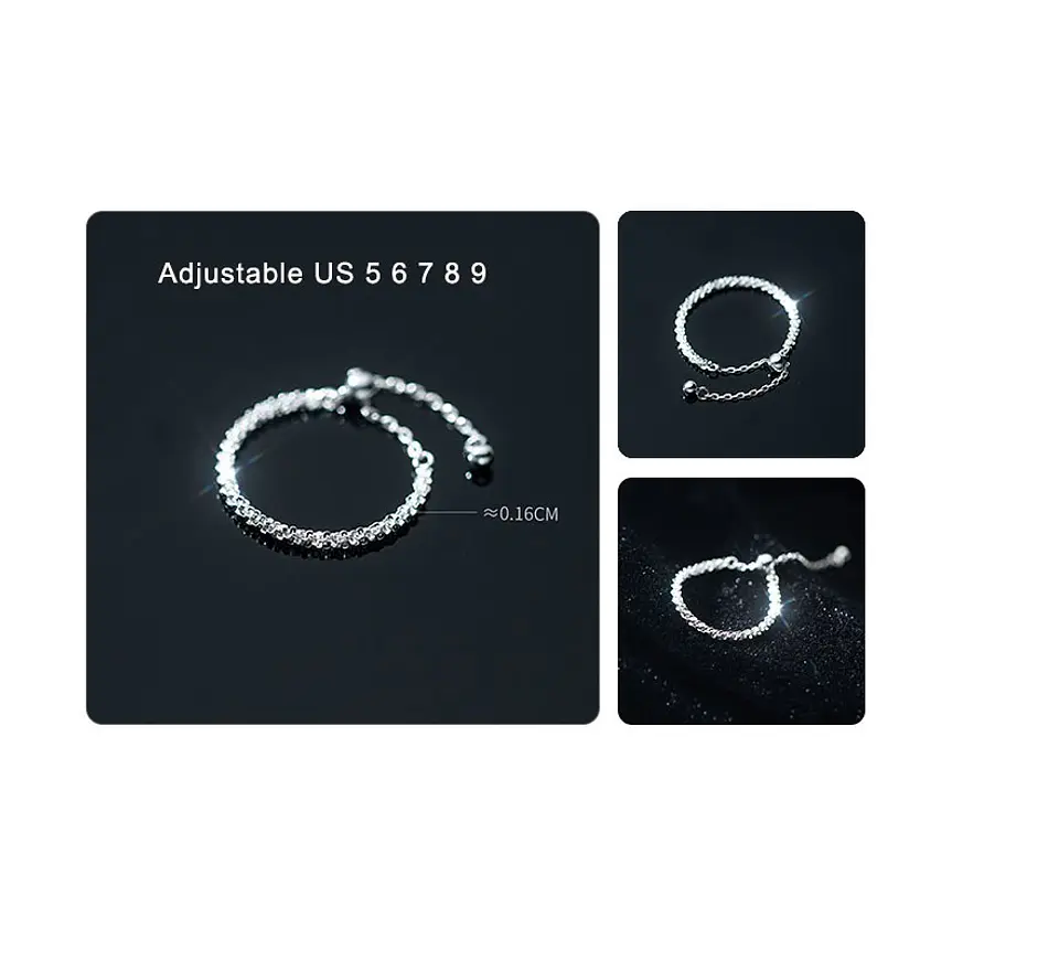 Anillo ajustable en plata fina ley S925 chapado en oro blanco 18kl tres modelos de cadena 9