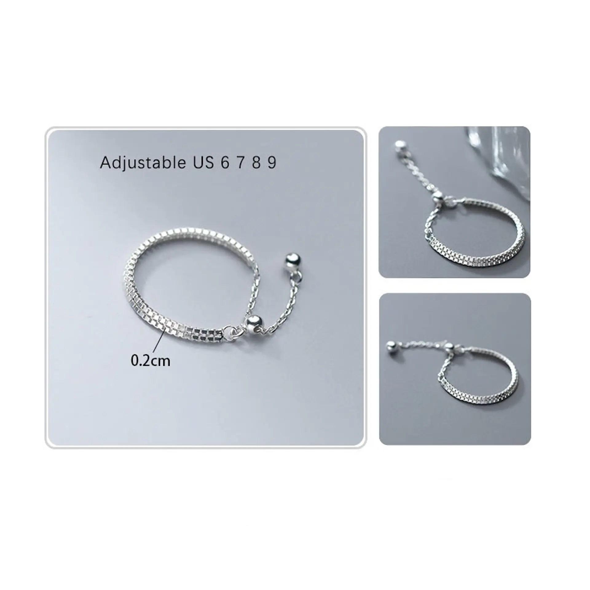 Anillo ajustable en plata fina ley S925 chapado en oro blanco 18kl tres modelos de cadena 19