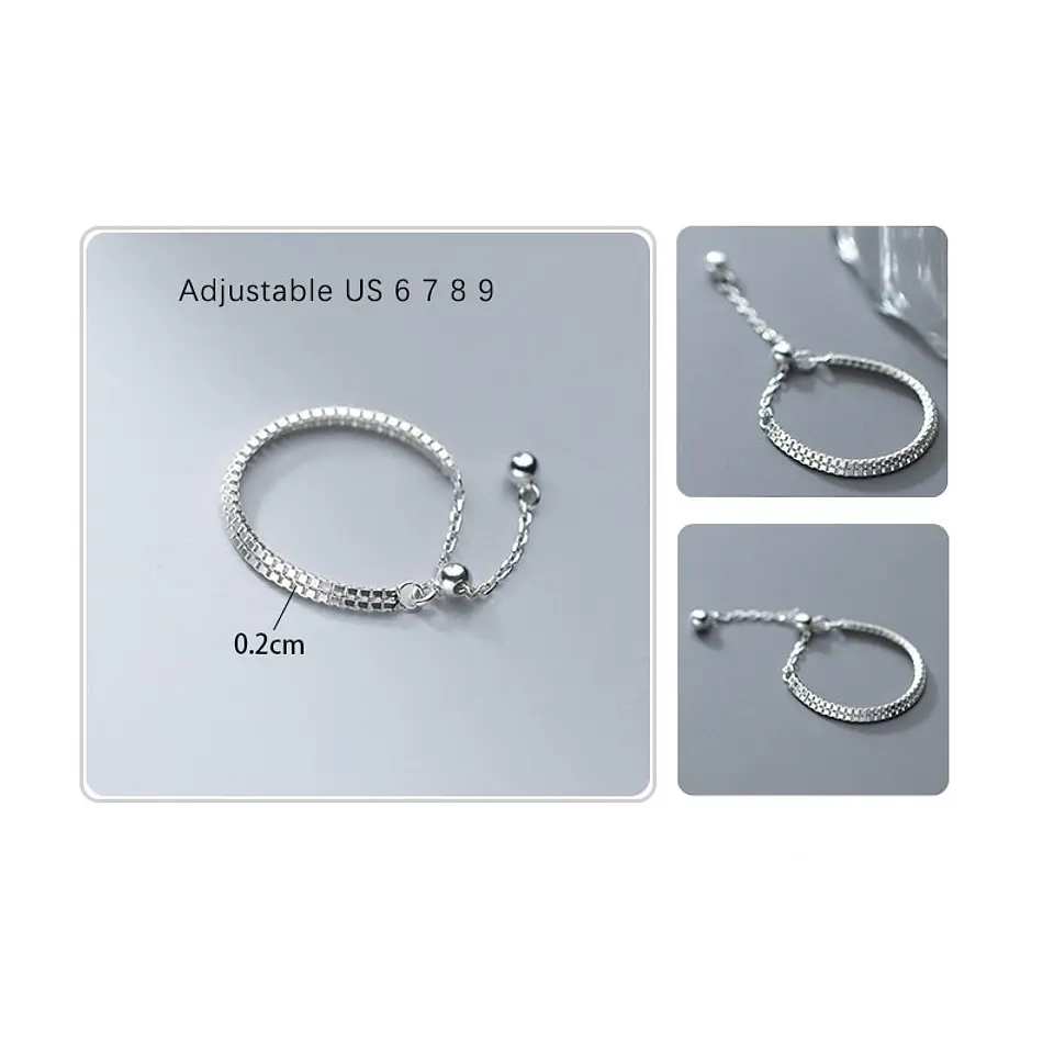 Anillo ajustable en plata fina ley S925 chapado en oro blanco 18kl tres modelos de cadena 19