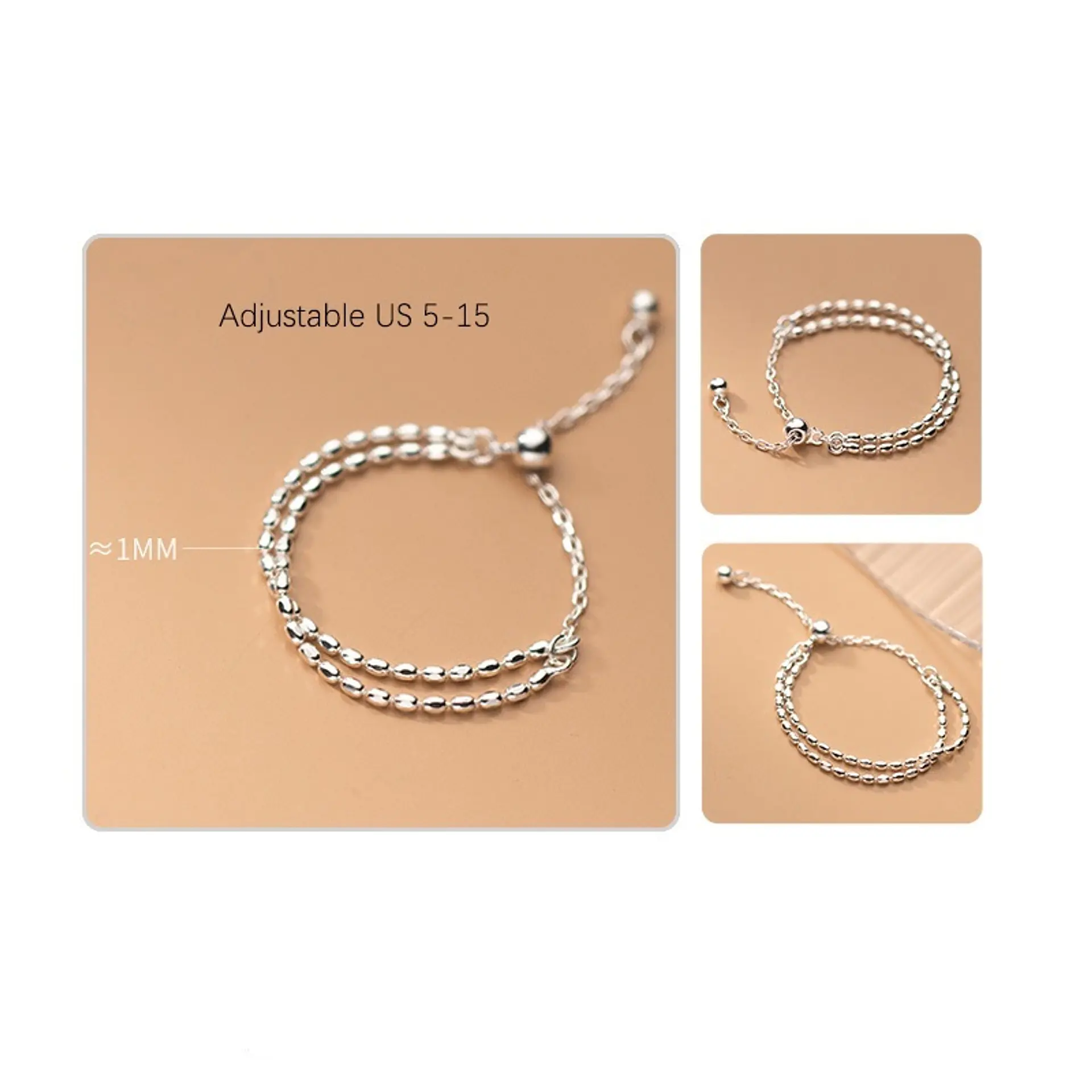Anillo ajustable en plata fina ley S925 chapado en oro blanco 18kl tres modelos de cadena 28