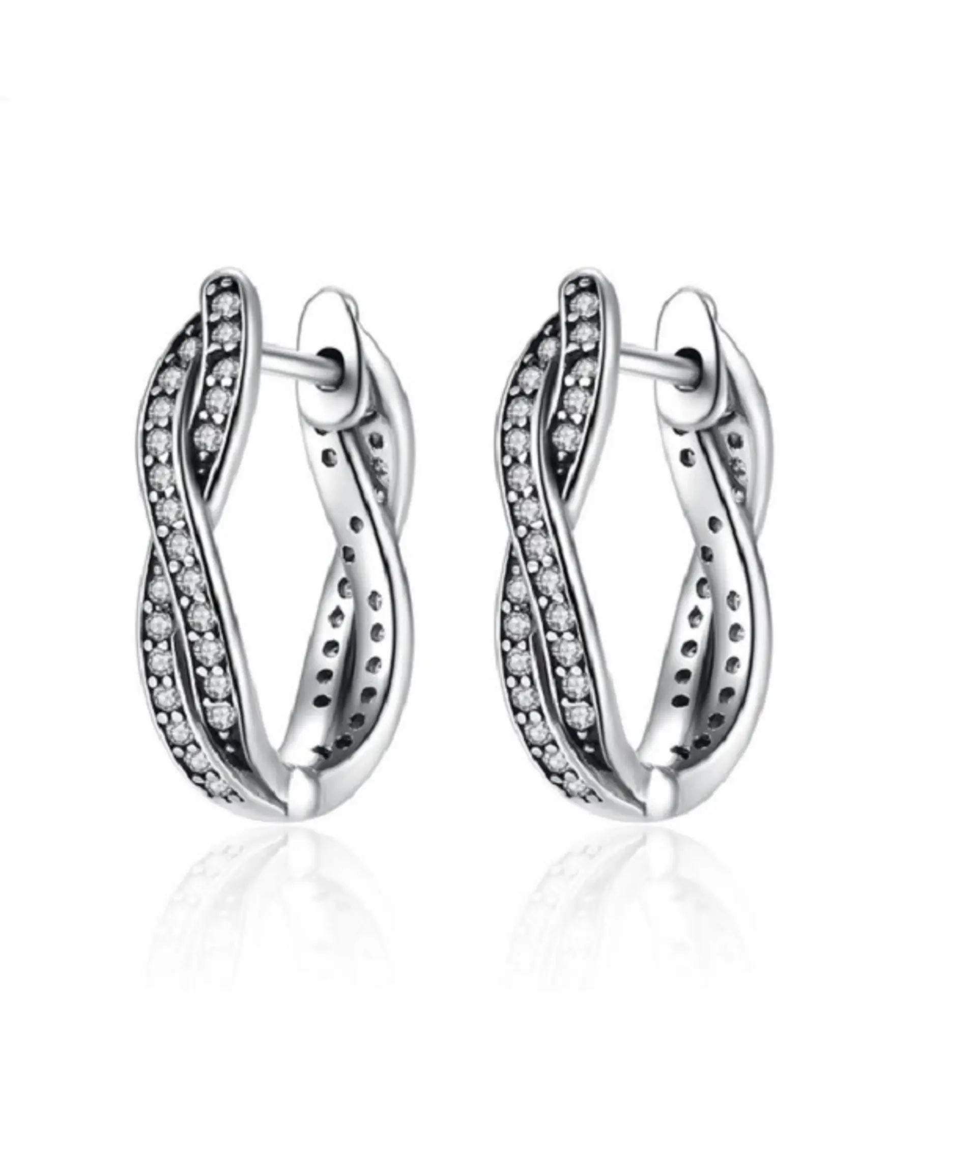 Argollas Chicas Trenzadas Tipo Huggies Plata fina ley S925 con Zirconios Pavé 1