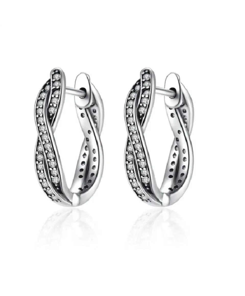 Argollas Chicas Trenzadas Tipo Huggies Plata fina ley S925 con Zirconios Pavé 1