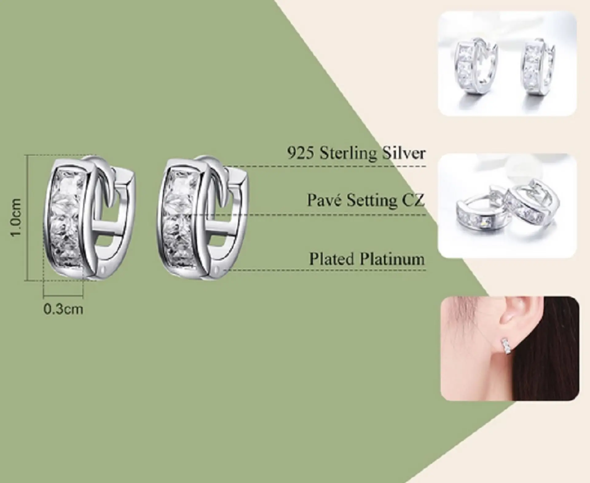 Argollas Chicas tipo Huggies con zirconios cúbicos incrustados en Plata 925 18