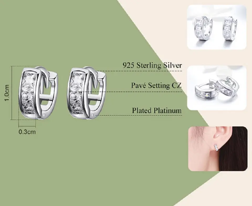 Argollas Chicas tipo Huggies con zirconios cúbicos incrustados en Plata 925 18