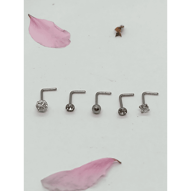 Set 5 Piercing Acero Quirúrgico Nariz Zirconia Nostril Tipo L 21