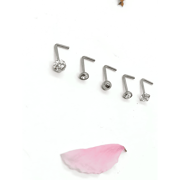 Set 5 Piercing Acero Quirúrgico Nariz Zirconia Nostril Tipo L 22