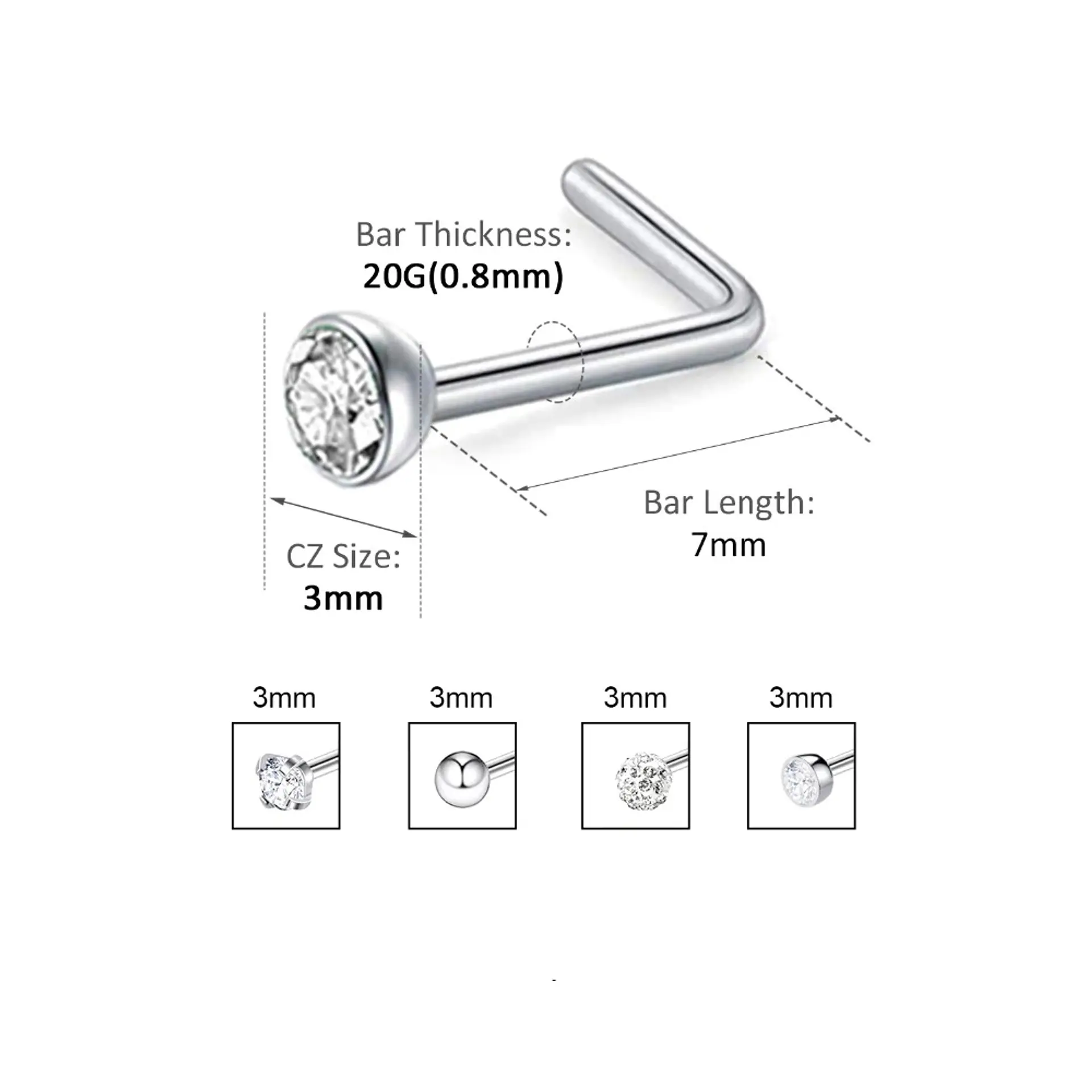 Set 5 Piercing Acero Quirúrgic Tipo S Nariz Zirconia Nostril 12