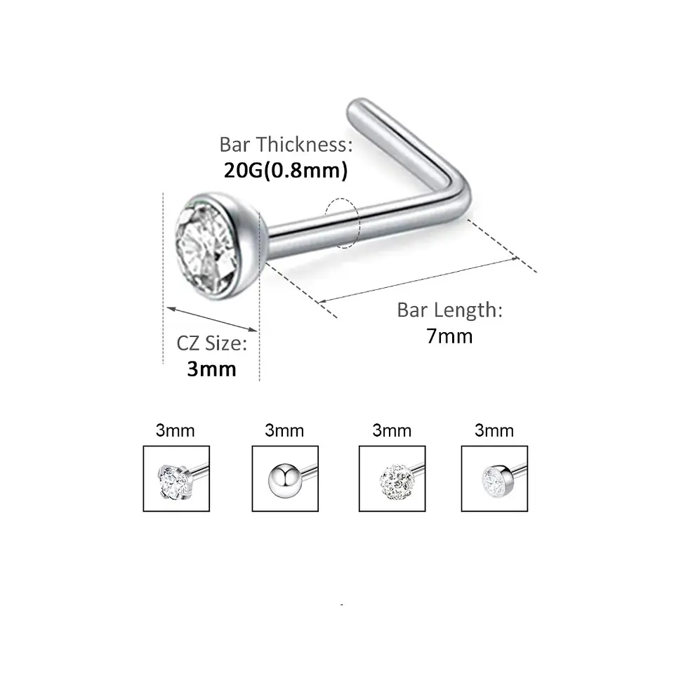 Set 5 Piercing Acero Quirúrgic Tipo S Nariz Zirconia Nostril 12
