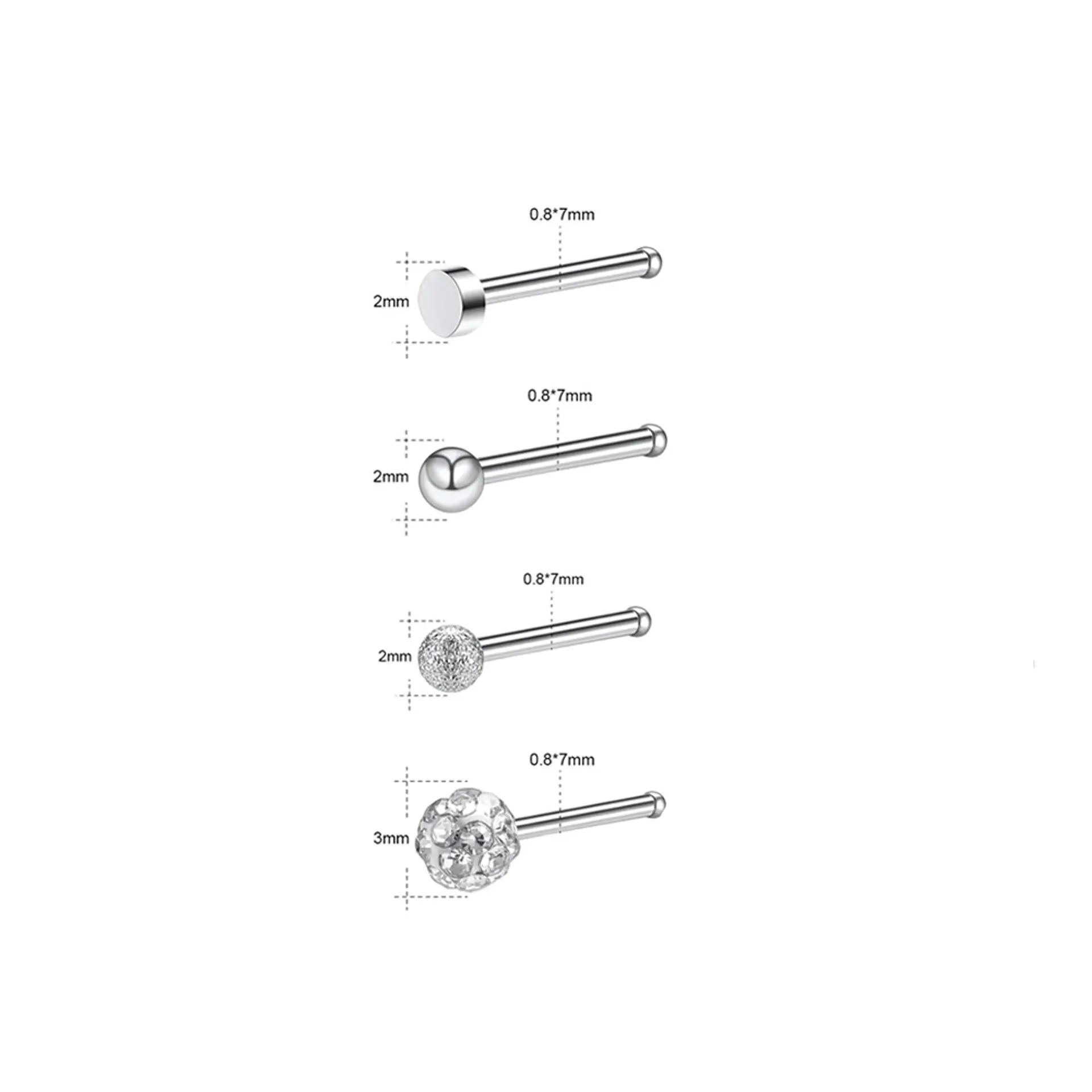 Set 4 Piercing Acero Inoxidable Nariz Zirconia Nostril Punk 2