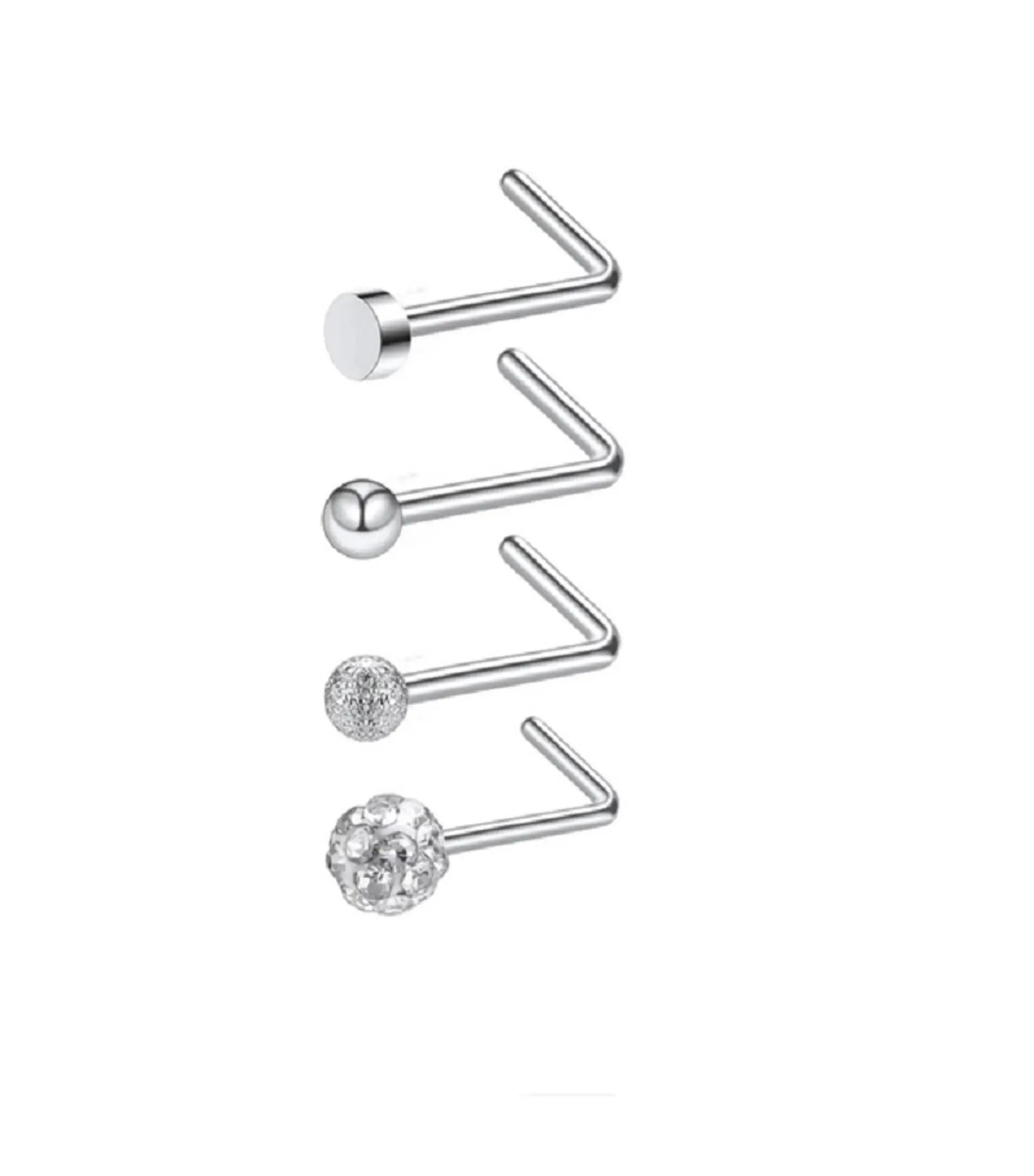 Set 4 Piercing Acero Plateado Nariz Zirconia Nostril Tipo L 1