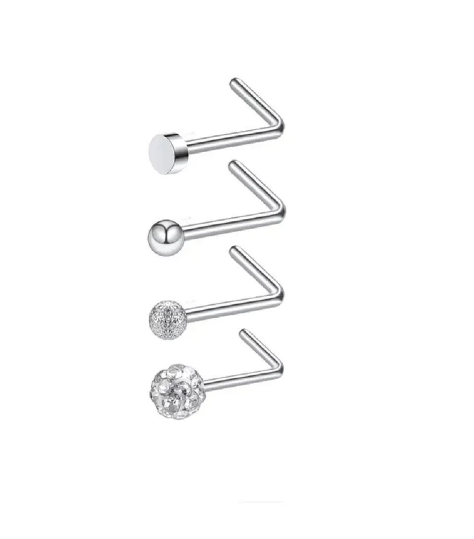 Set 4 Piercing Acero Plateado Nariz Zirconia Nostril Tipo L 1