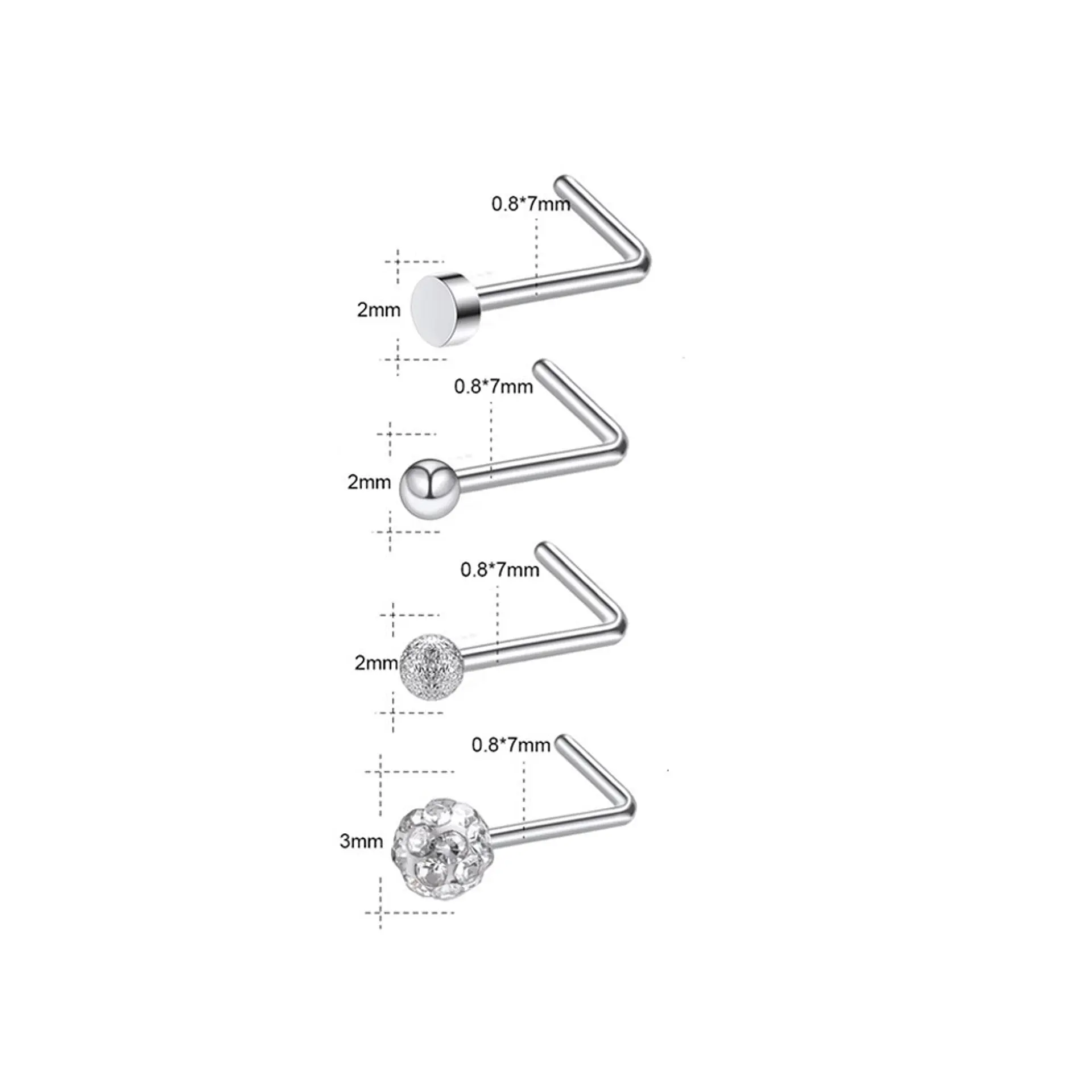Set 4 Piercing Acero Plateado Nariz Zirconia Nostril Tipo L 7
