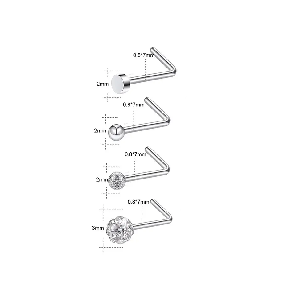 Set 4 Piercing Acero Plateado Nariz Zirconia Nostril Tipo L 7