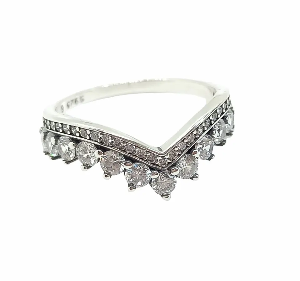 Anillo forma corona decorado con circonios Plata fina ley S925 Compromiso Apilable 1