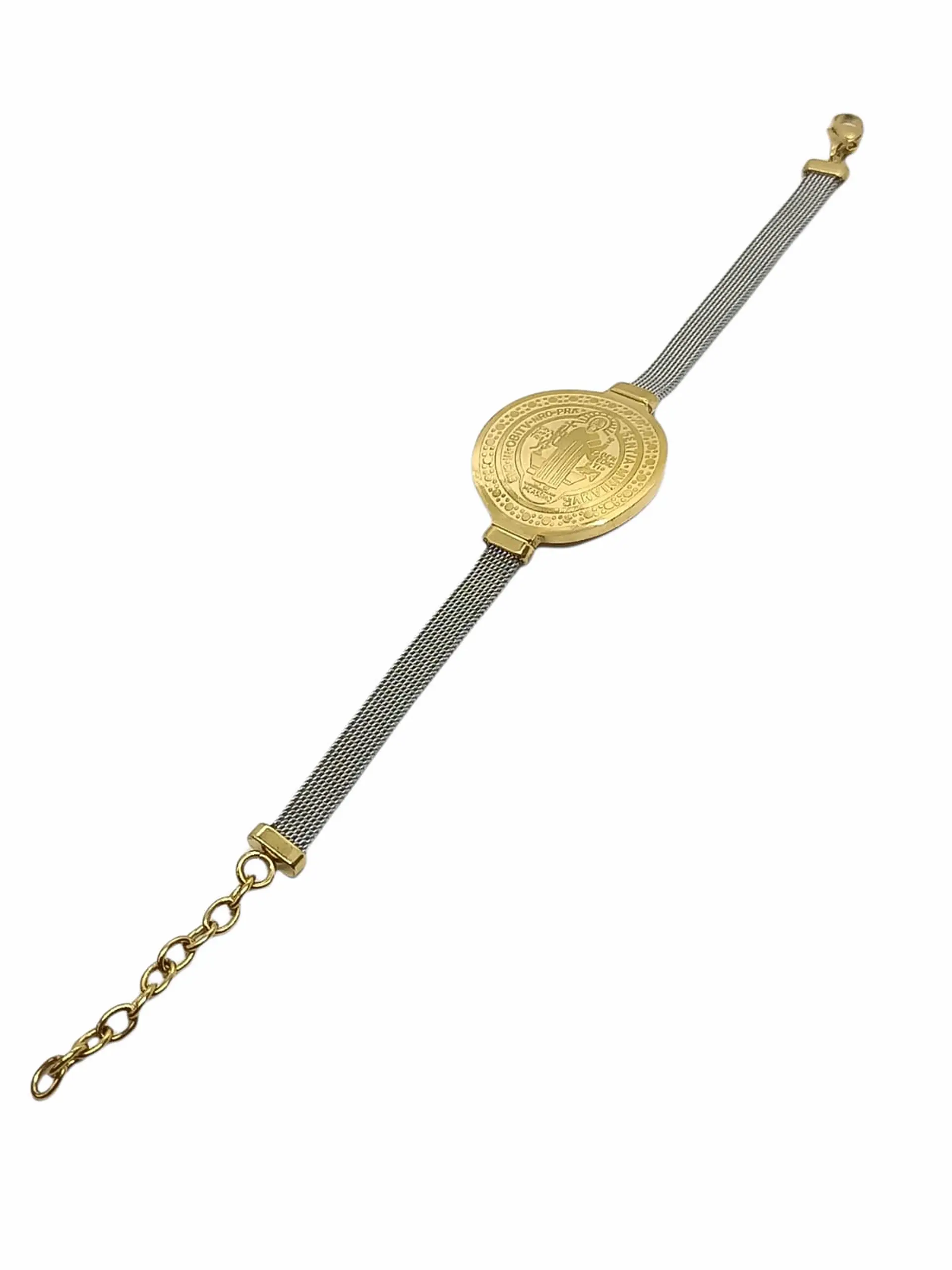 Pulsera Medalla San Benito Hipoalergenica Chapada en Oro 18kl 2