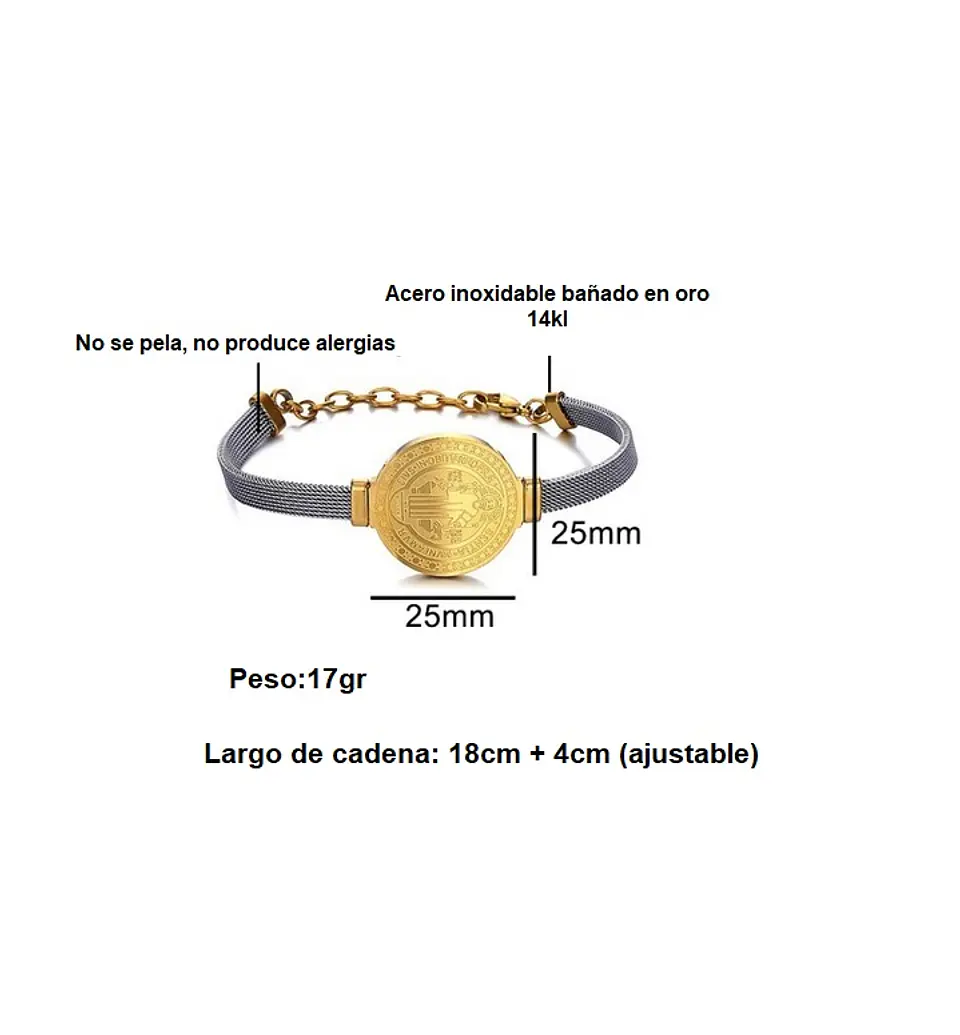 Pulsera Medalla San Benito Hipoalergenica Chapada en Oro 18kl 8