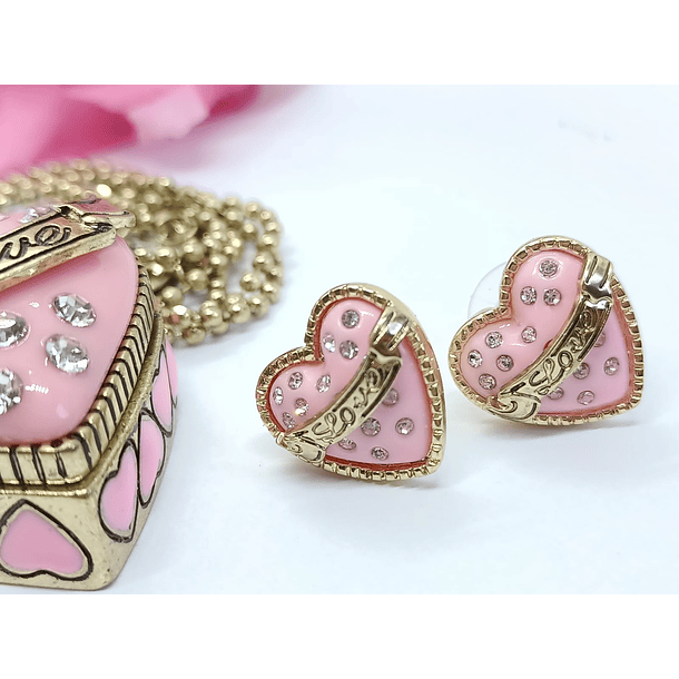 Conjunto Collar Largo Relicario Aros Corazón Rosa Dulce Amor  8