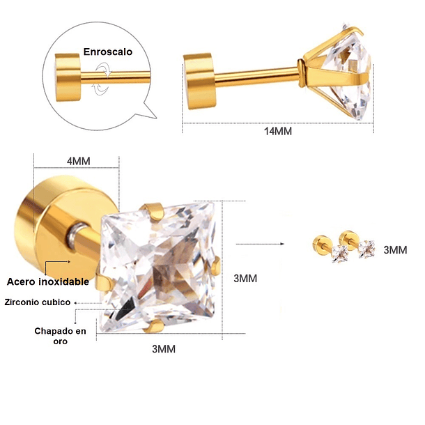 Aros Puntos De Luz Zirconio de 3mm a 7mm Cuadrado Chapados en oro 18kl 3