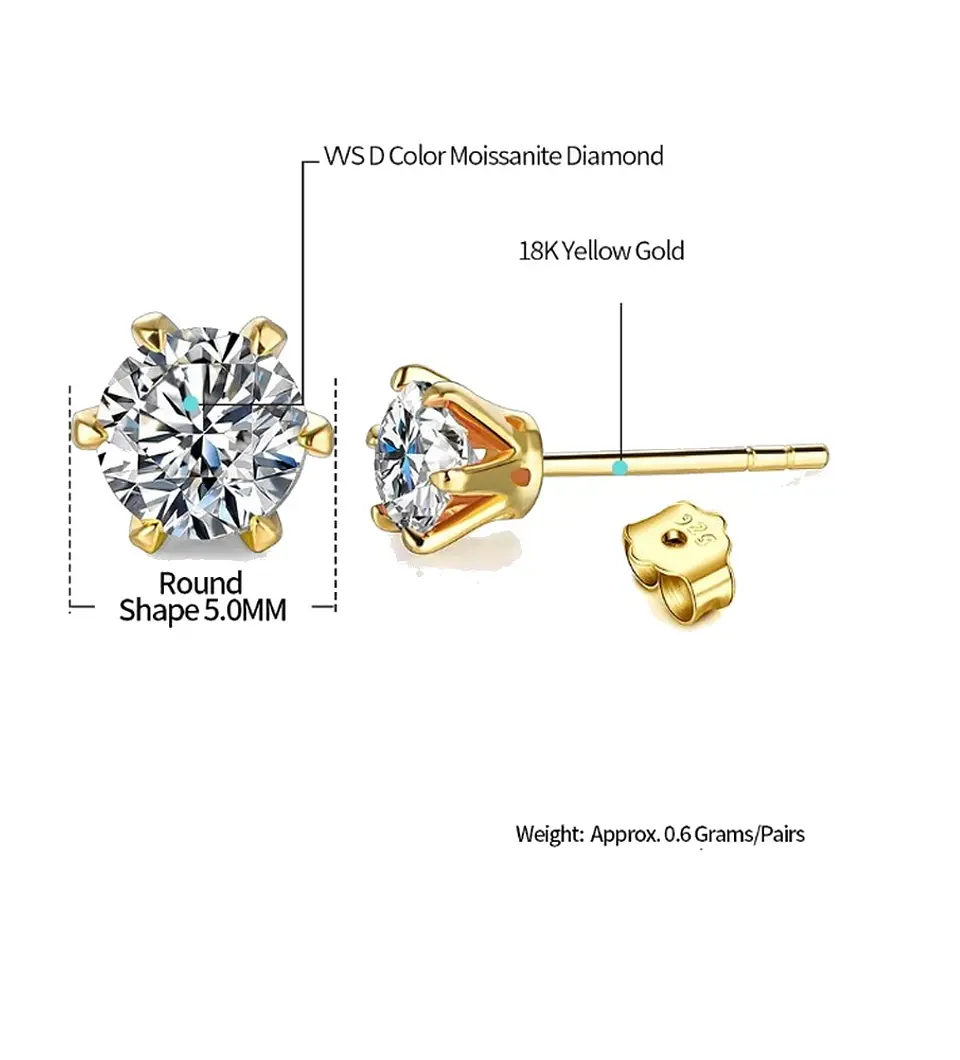 Aros Punto De Luz Gema Moissanita 5mm enchapada en Oro 18 K 4