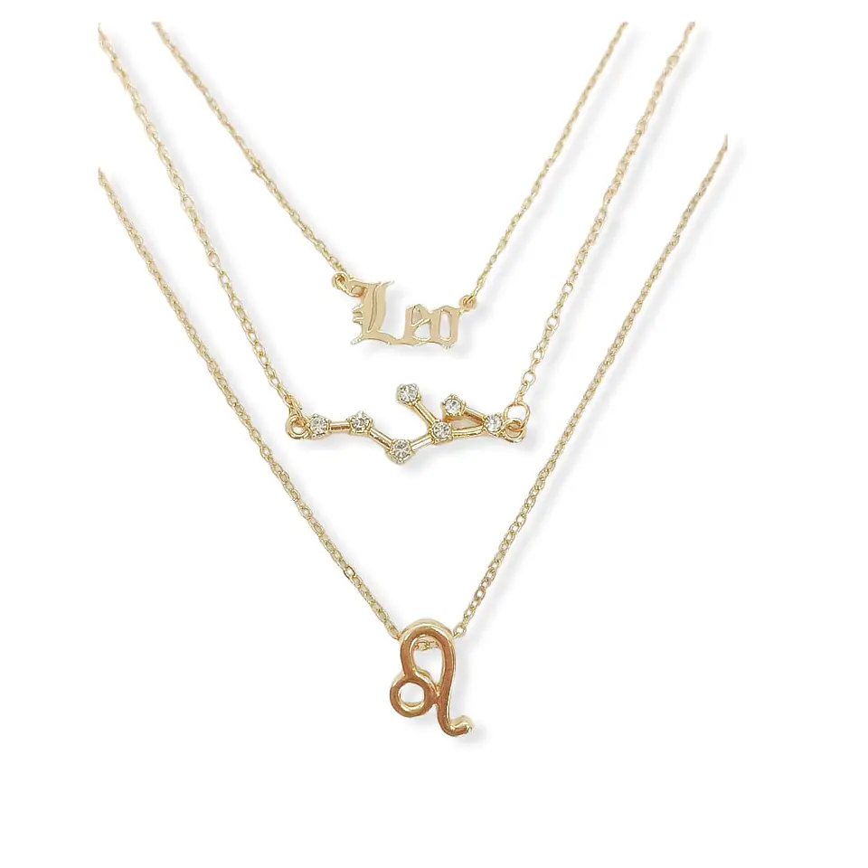Collar Multicapa 3 En 1 Colgantes Zodiaco Constelaciones baño de oro 14kl 16