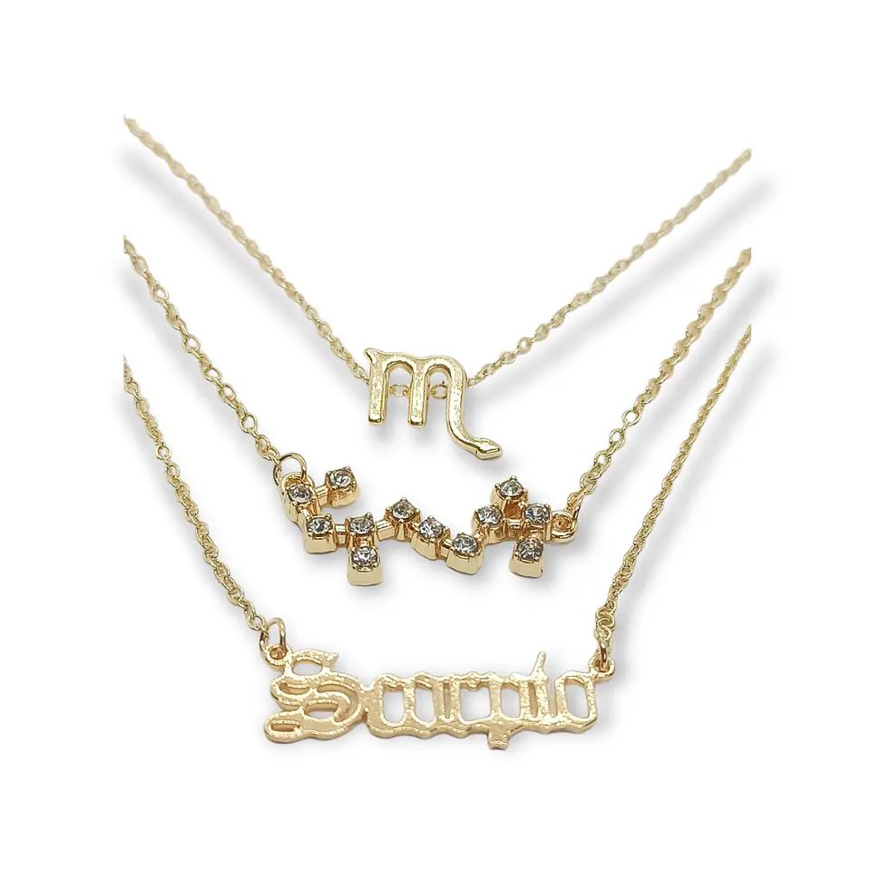 Collar Multicapa 3 En 1 Colgantes Zodiaco Constelaciones baño de oro 14kl 27
