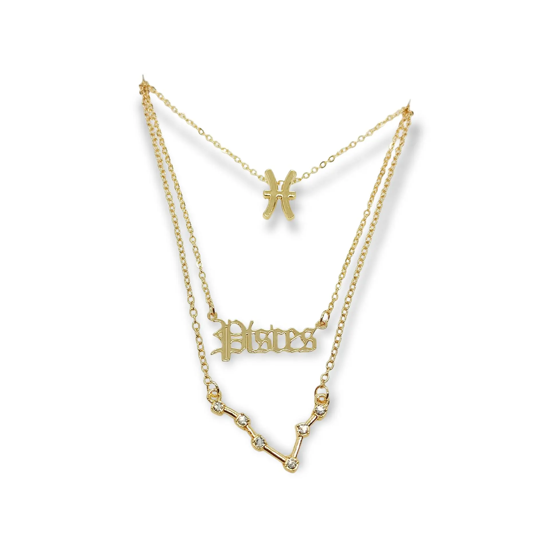 Collar Multicapa 3 En 1 Colgantes Zodiaco Constelaciones baño de oro 14kl 45