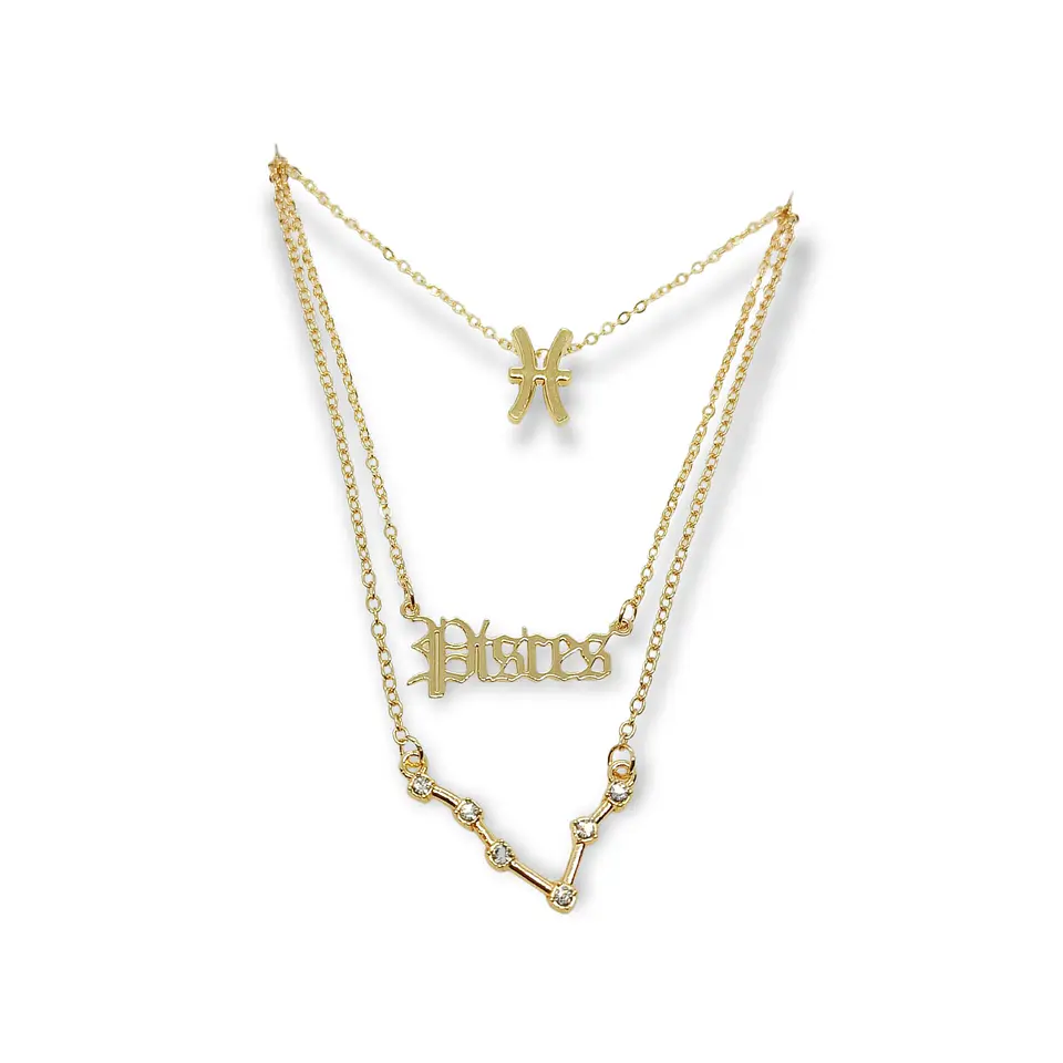 Collar Multicapa 3 En 1 Colgantes Zodiaco Constelaciones baño de oro 14kl 45
