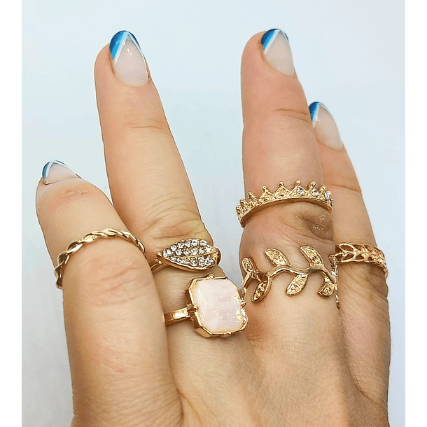 Set 6 Anillos Espiga Corona Figuras Resina Tornasol Opalo simil Midi 10