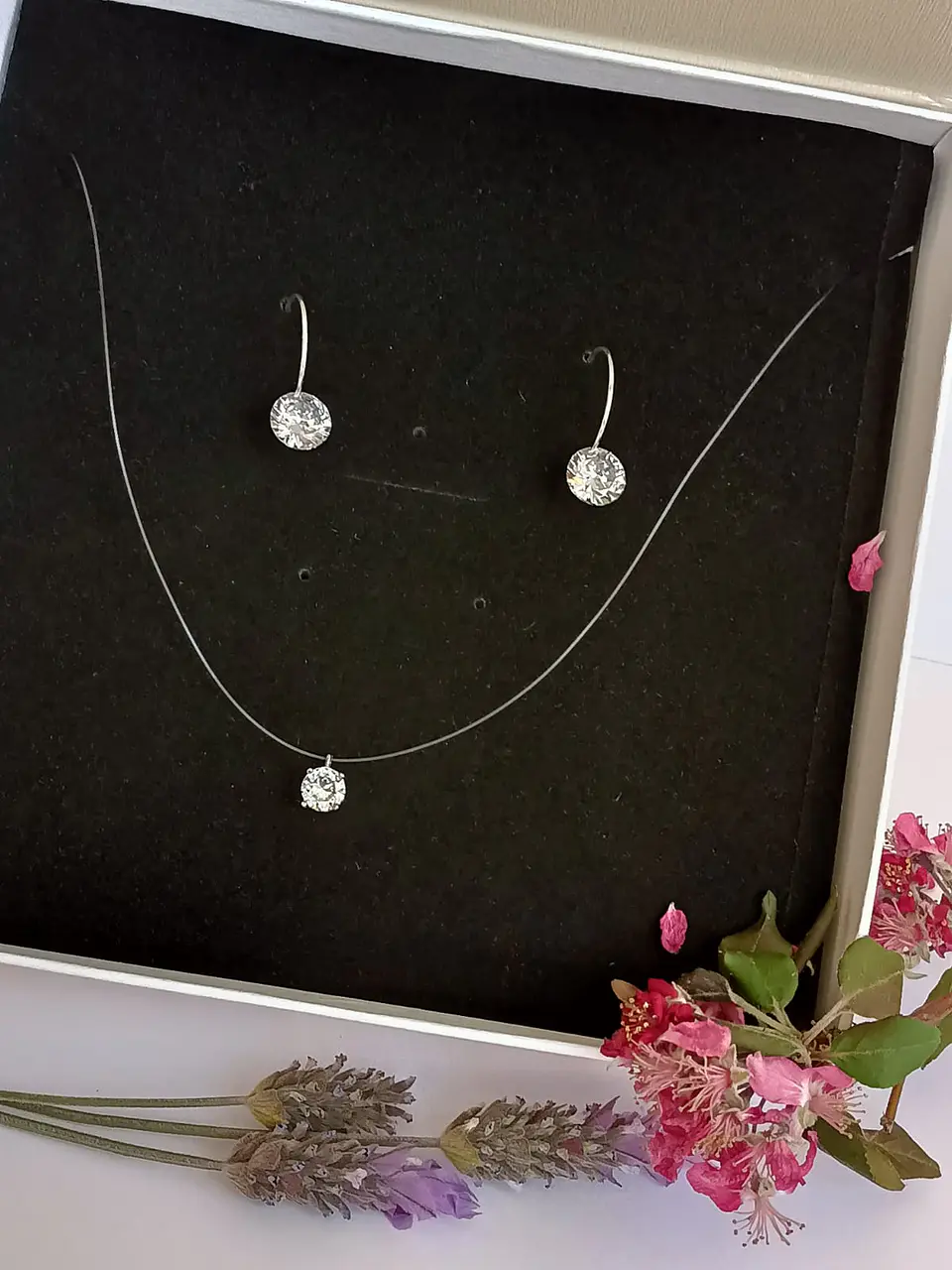 Set Conjunto Collar Nylon Argolla Punto De Luz Plata 925 2