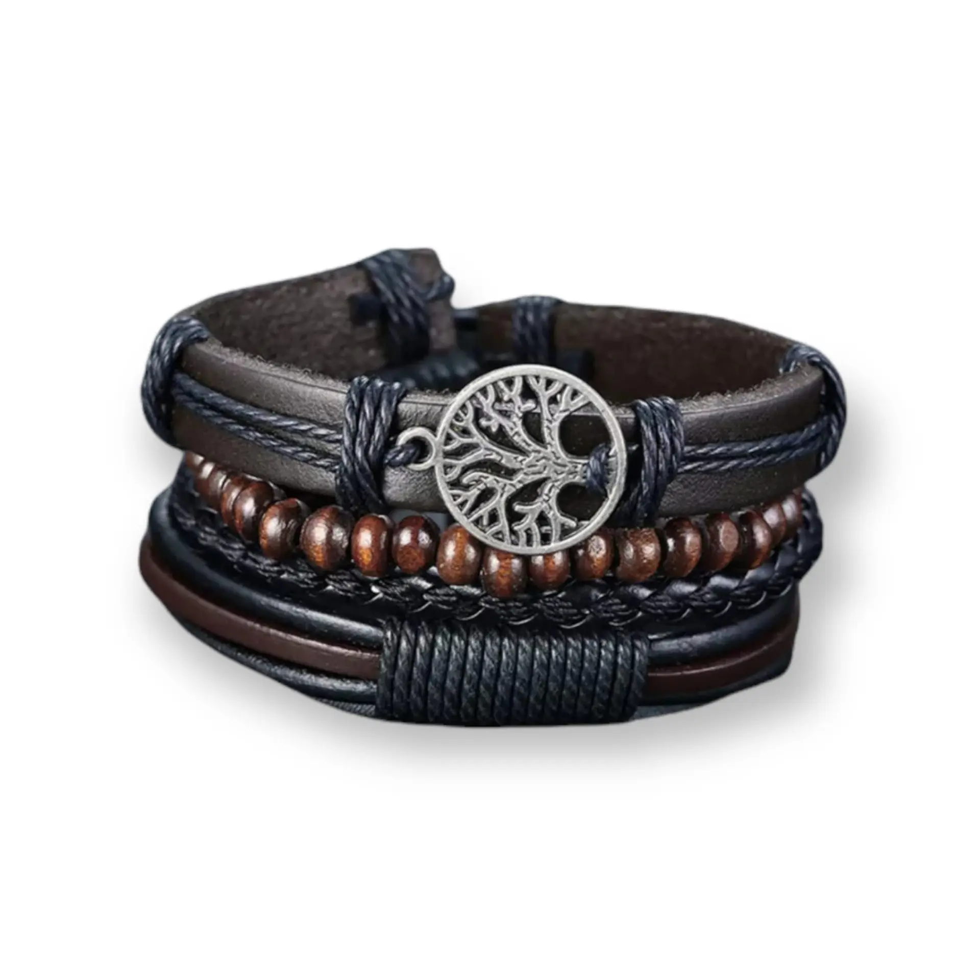 Set Pulseras Cuero Cuentas Madera Brazalete 4 En 1 Árbol Vida 1