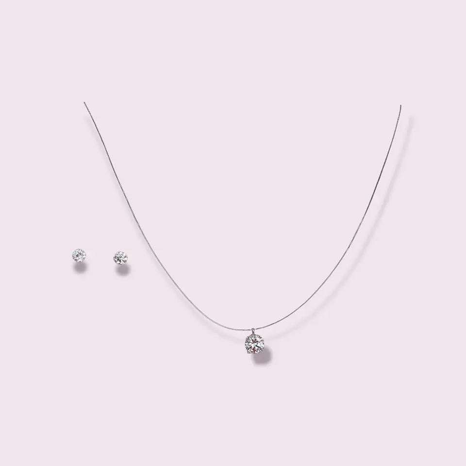 Set Conjunto Collar Nylon Aros Punto De Luz Plata 5mm Amor 3