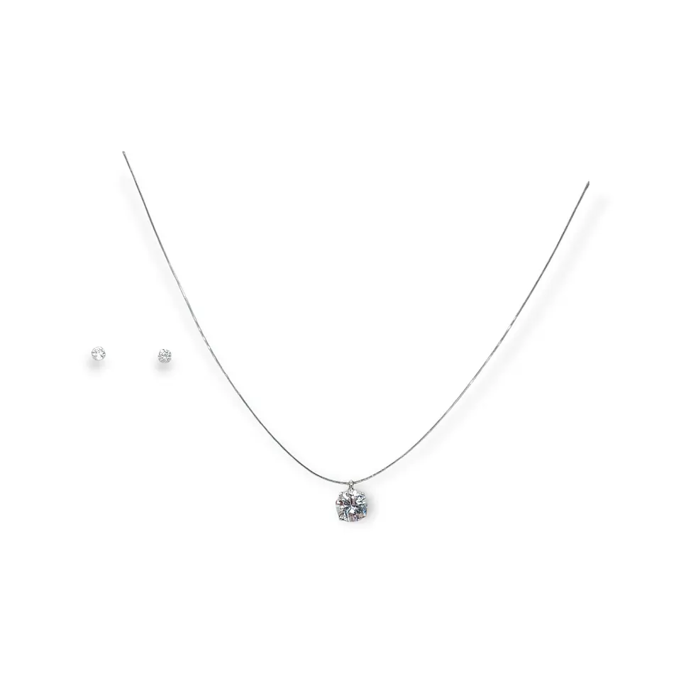 Set Conjunto Collar Nylon Aros Punto De Luz Plata 3mm Amor 1
