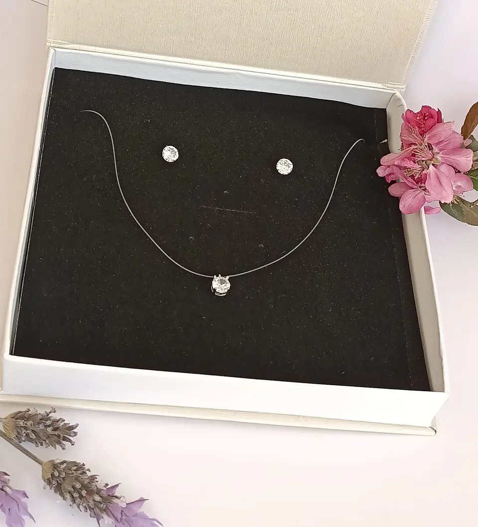 Set Conjunto Collar Nylon Aros Punto De Luz Plata 7mm Amor 6