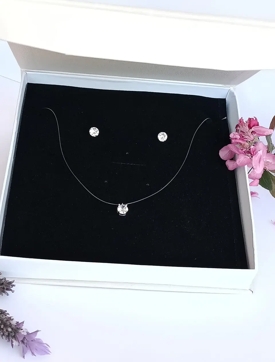 Set Conjunto Collar Nylon Aros Punto De Luz Plata 7mm Amor 7