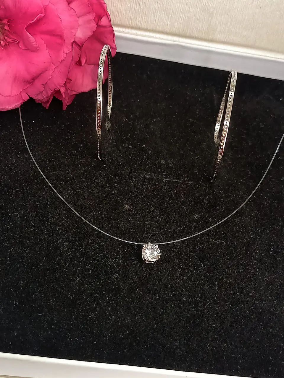 Set Conjunto Argollas Zirconia Pave collar nylon Plata amor 4