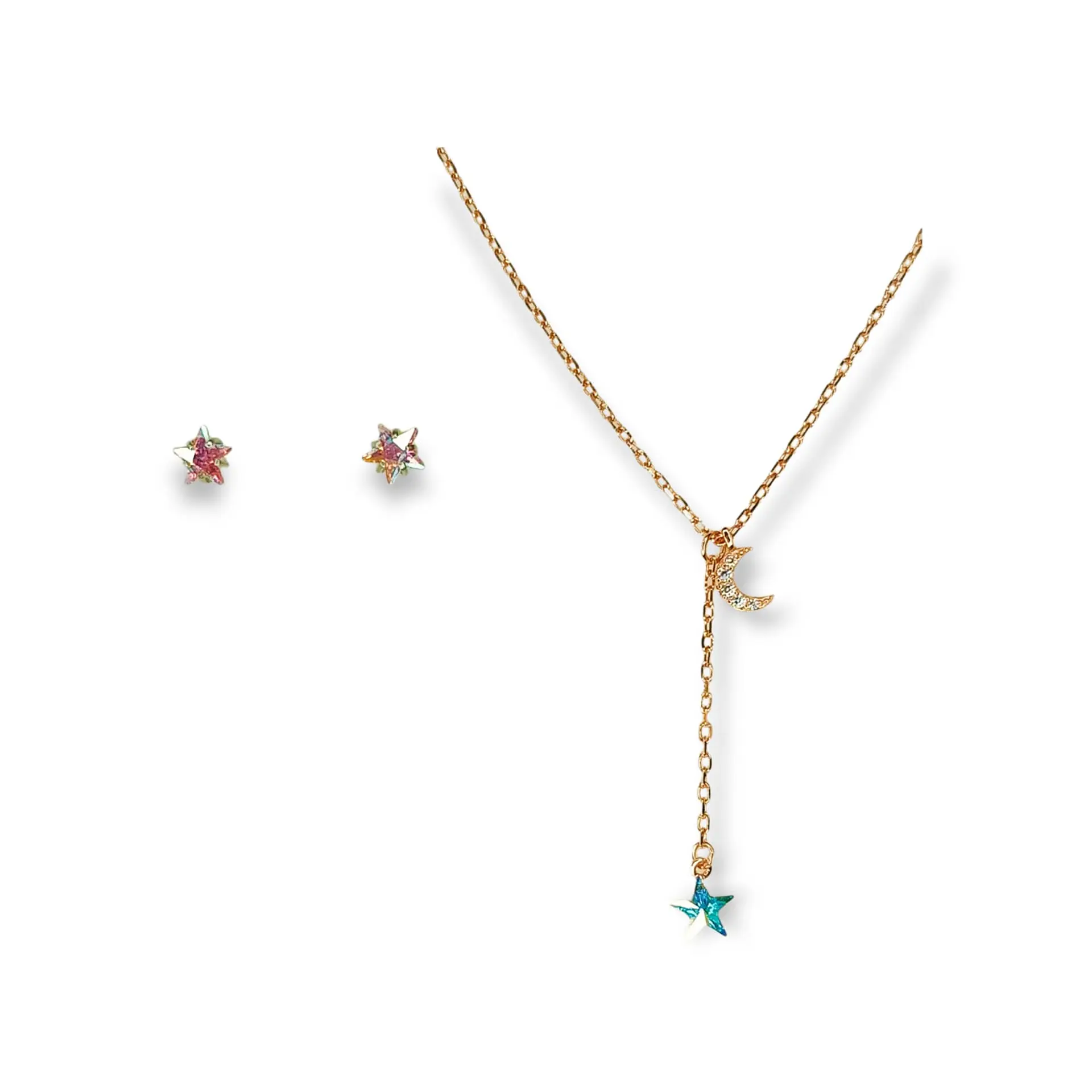 Set estrella tornasol en plata fina ley S925 enchapada en oro rosa 18kl pendientes acero 1