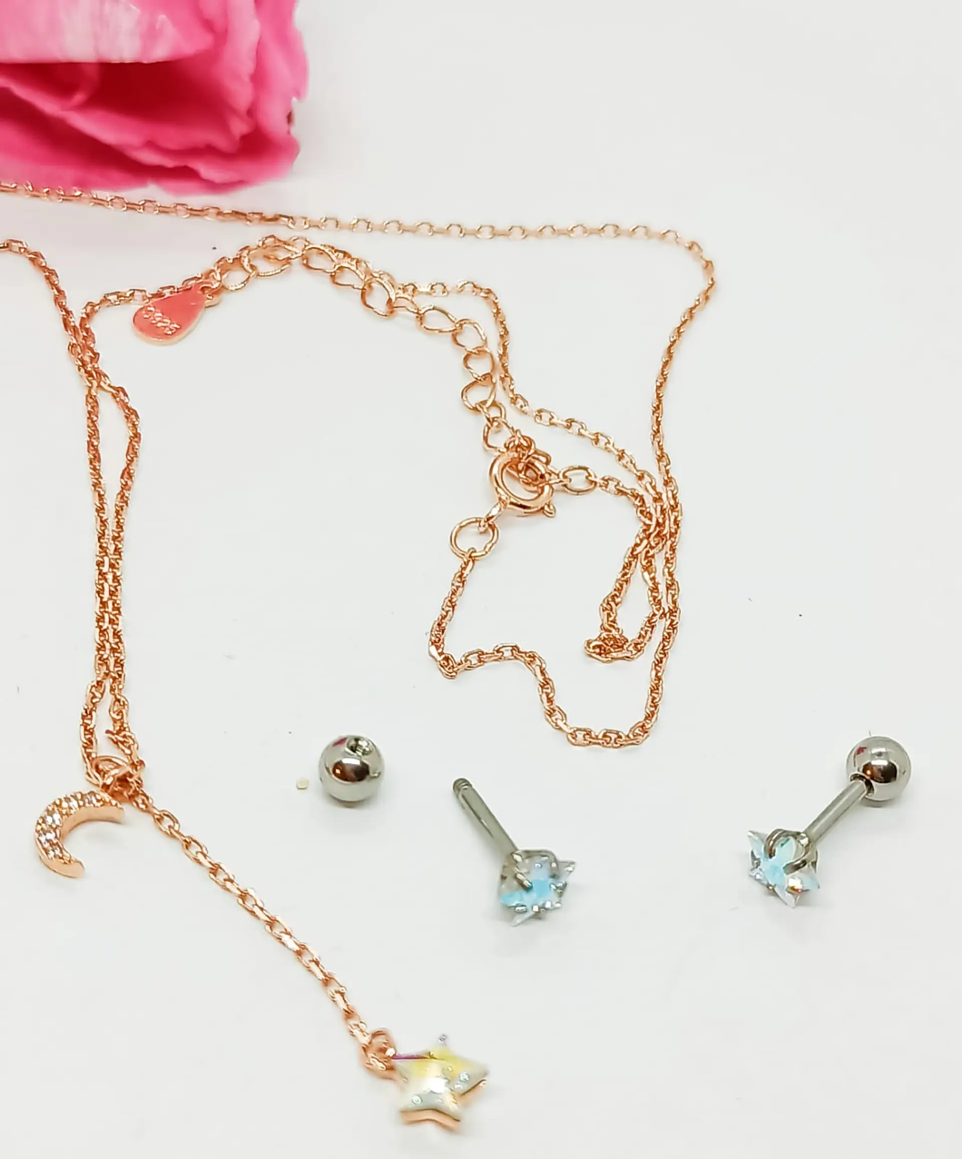 Set estrella tornasol en plata fina ley S925 enchapada en oro rosa 18kl pendientes acero 2