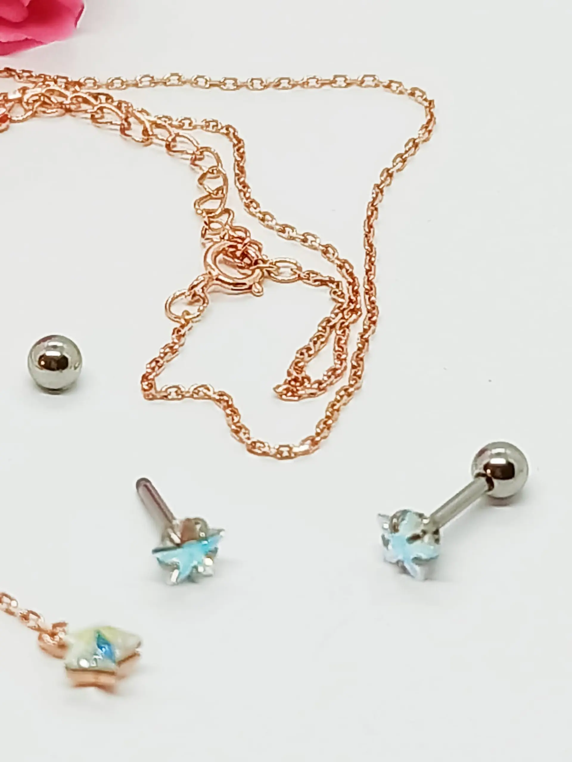 Set estrella tornasol en plata fina ley S925 enchapada en oro rosa 18kl pendientes acero 4