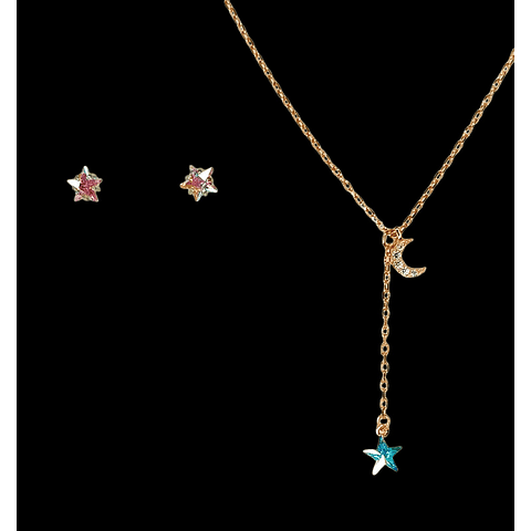 Set estrella tornasol en plata fina ley S925 enchapada en oro rosa 18kl pendientes acero