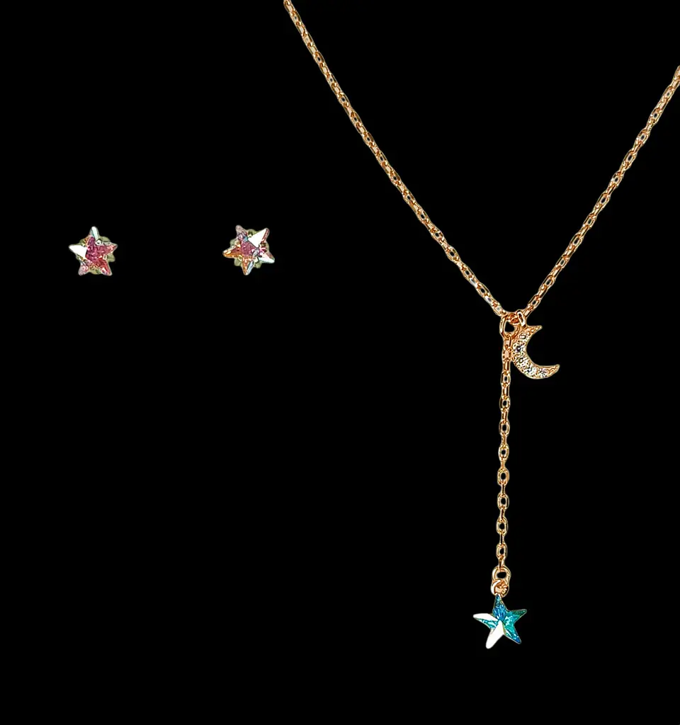 Set estrella tornasol en plata fina ley S925 enchapada en oro rosa 18kl pendientes acero 9